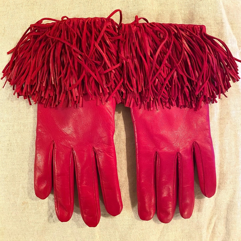 Diane Von Furstenberg Red Leather Gloves w/ Fringe